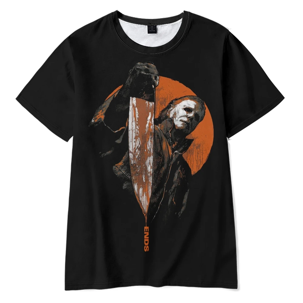 Camiseta negra de manga corta con cuello redondo para hombre y mujer, ropa de calle Harajuku de película con extremos de Halloween, moda Unisex