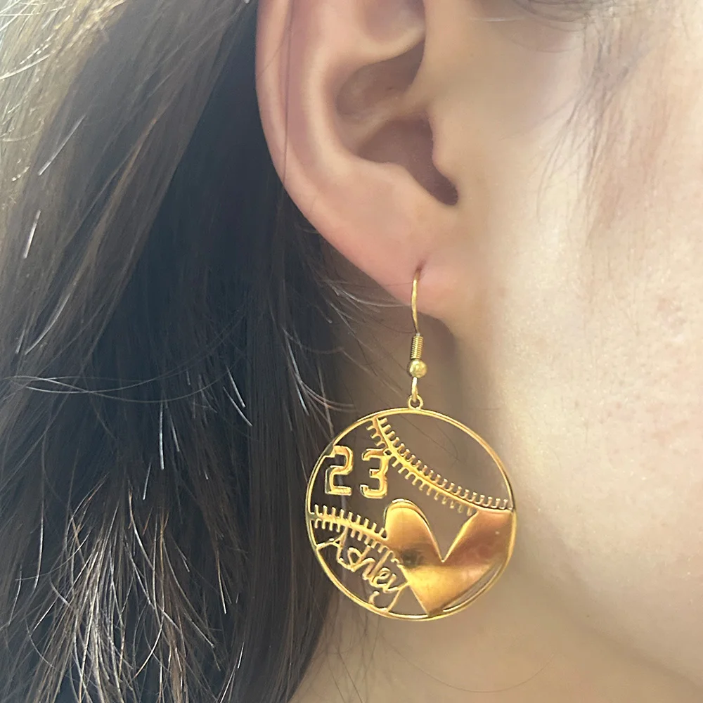 Custom Baseball Earrings Customized Number Ear Clasp Hoop Love Stainless Steel Earrings For Women DIY Heart Piercing Jewelry