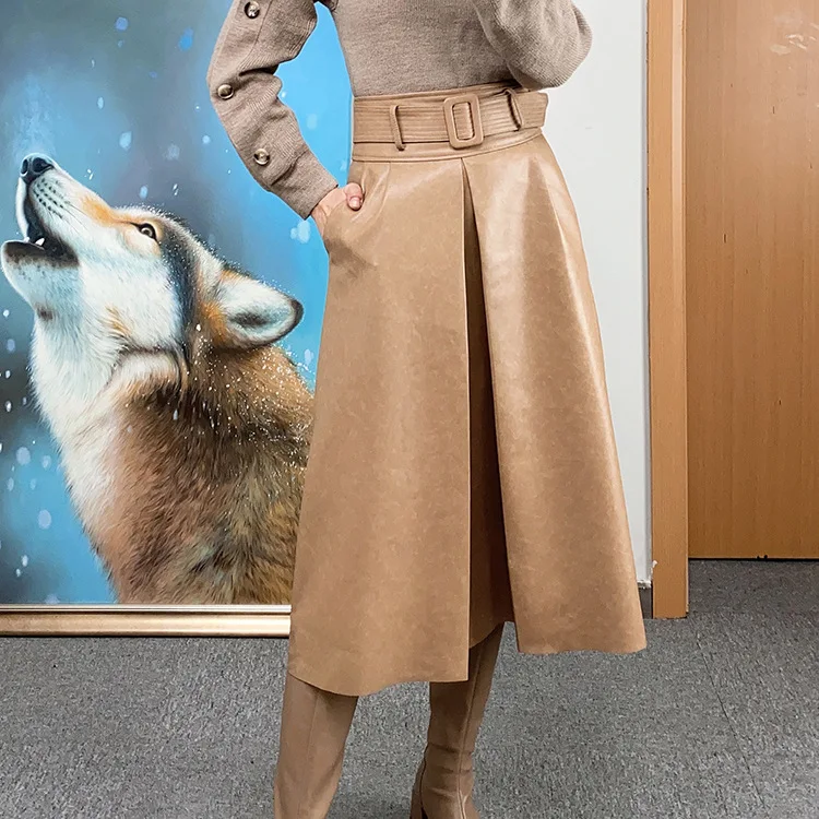 

2023 Autumn and Winter New High Waist Belt Snowflake Pattern Genuine Leather Sheepskin Casual Large Swing Long Half Skirt Leathe