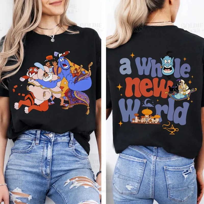 Camiseta del nuevo mundo del personaje de Aladino de doble cara, camiseta a juego familiar Jasmine Aladdin Elf Abu Paradise, novedad de verano 2025