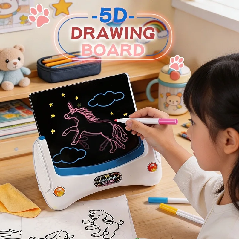 Children 5D Drawing Board for 3D Animation with LED Lighting Continuou Writing Erasing Fluorescent Painting Graffiti Writing Toy