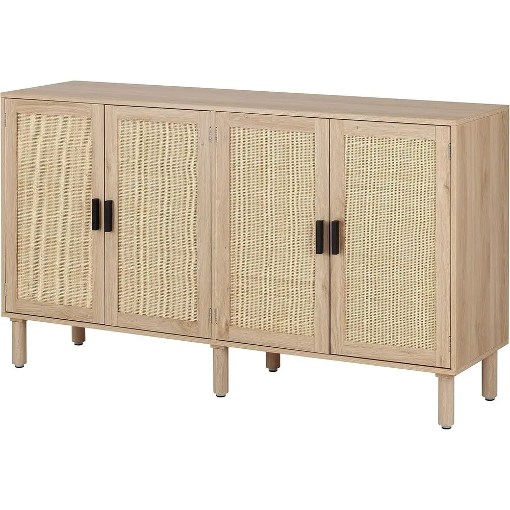

Natural Rattan Decor 4-Door Sideboard, Kitchen Storage Cabinet, Boho Liquor Cabinet, 62.3x15.7x34.6