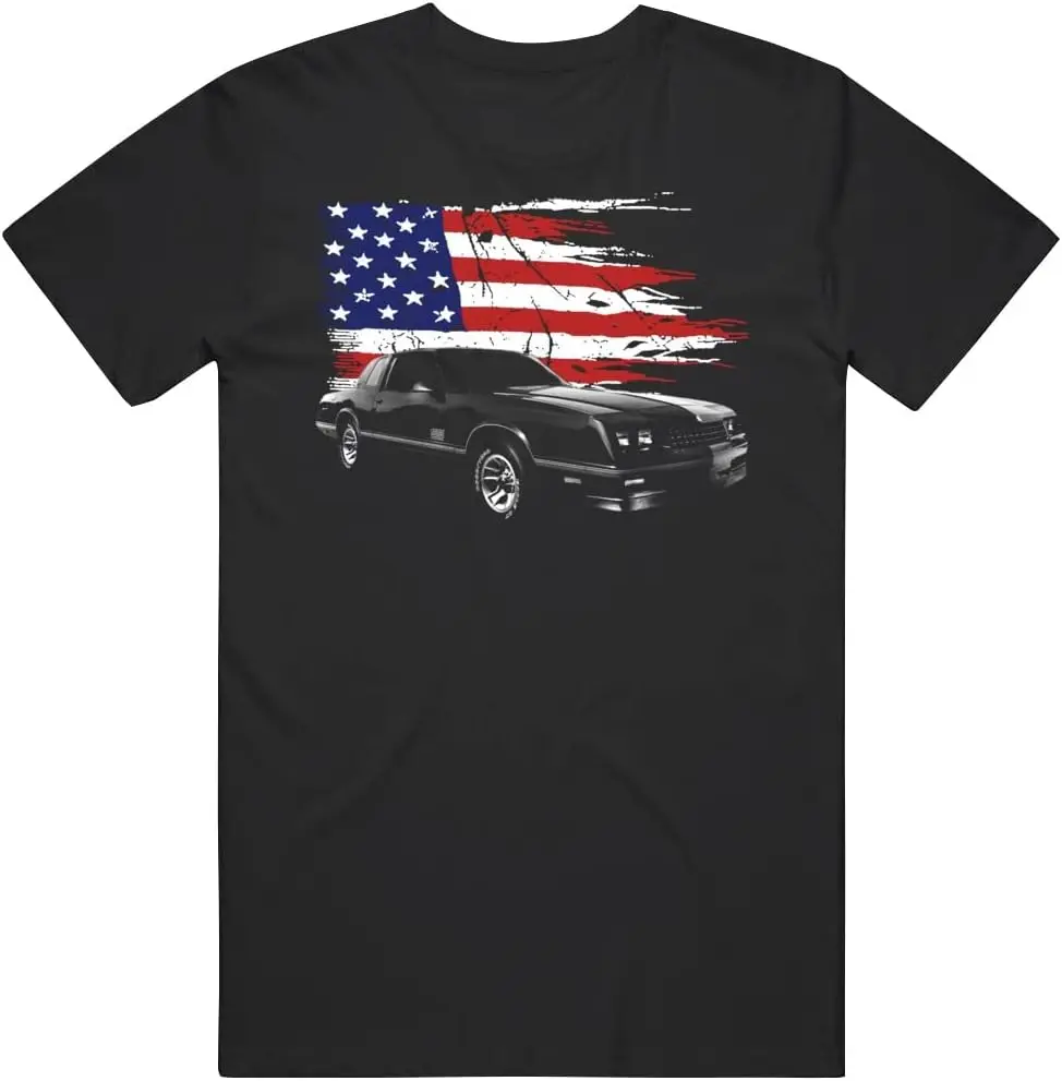 1987 Chevy Monte Carlo Front Three Quarter View with Us Flag T Shirt