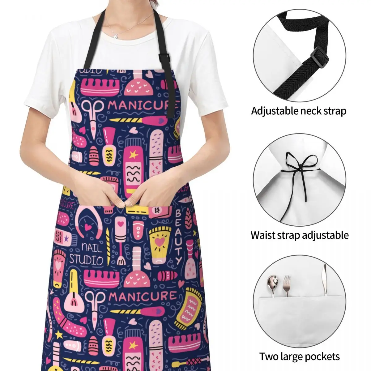 Manicure Nail Salon Studio Apron with 2 Pockets Waterdrop Resistant Adjustable Manicurist Apron for Working for Women