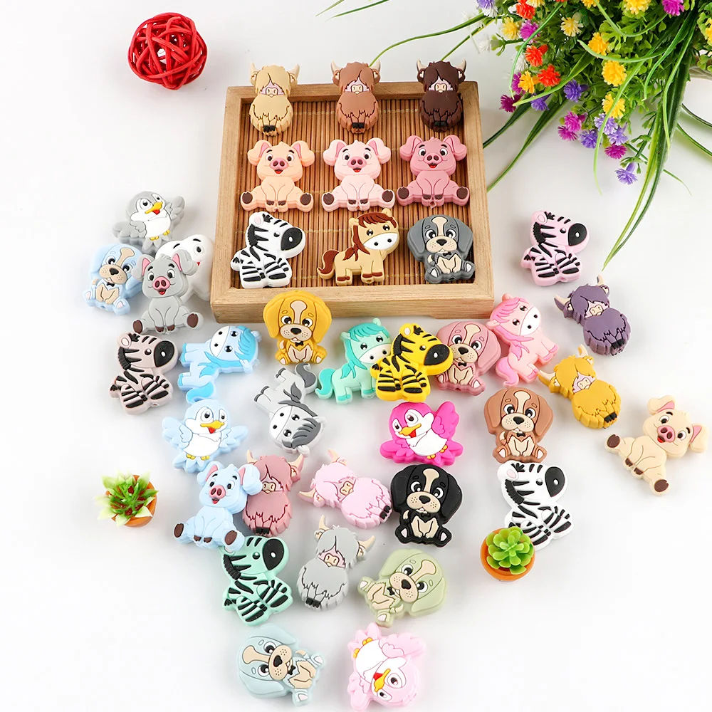 50/100 Pieces Baby Silicone Beads Brand Pig Yak Puppy Zebra Food Grade Pendant Teething Cute Toy DIY Pacifier Chain Accessories