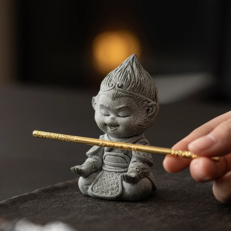 SunWuKong Sandstone Sitting Monkey Buddha Statue Monkey Figure Ornament Collectible Desktop Decoration Tea Pet Indoor Outdoor