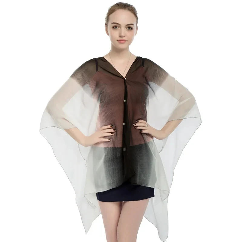 2026 Summer Style New Chiffon Women Pullover Cape Print Gradient Rainbow Sunscreen Cape Lady Poncho Capes Black Imitation Silk