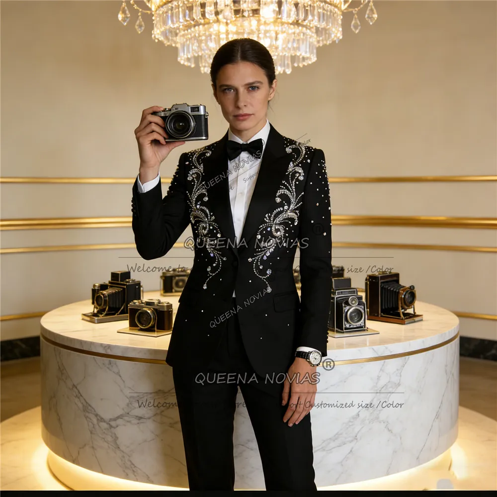 

Luxury Beaded Crystals Suits Women 2 Piece Set Bride's Mother Dresses Customized Lady Banquet Attire Prom Blazers Party Tuxedos