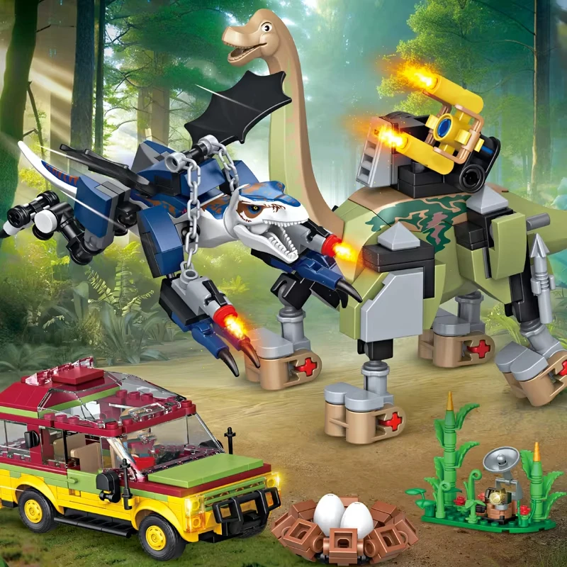 

MOC Dino World Building Blocks Set, DIY T-Rex Raptor Triceratops Capture Scene, Movie Famous Diorama Toy for Boys Kids Adults
