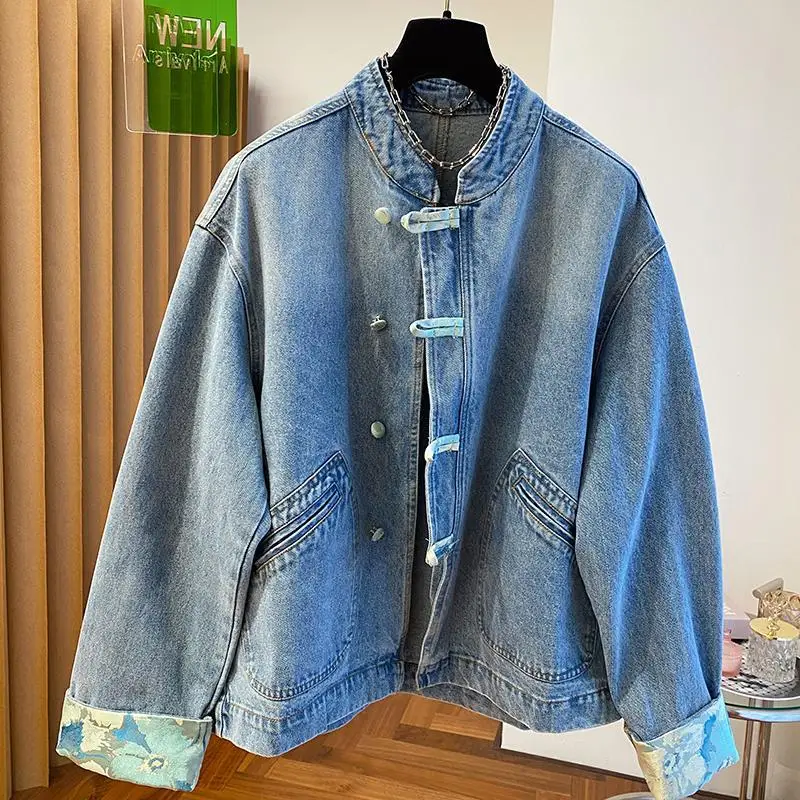 

Large Size 300 Pou New Chinese Sle Lightweight National Trend Button Denim Jaet ex Spring Autumn Versatile Slimmin...