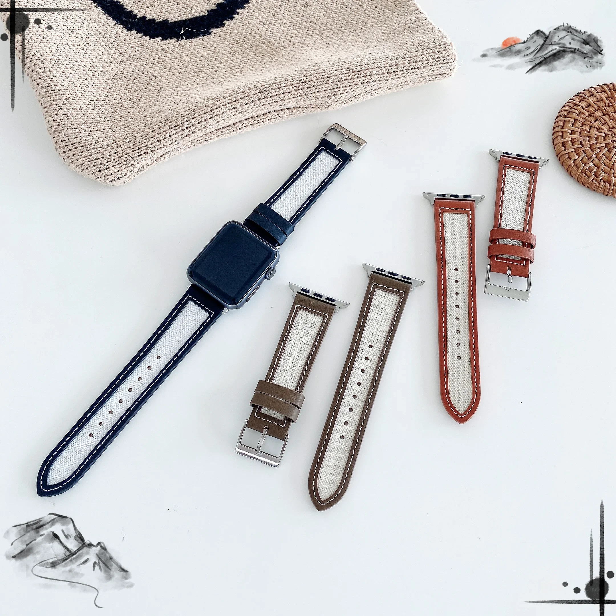 Leather+Nylon Strap for Apple Watch 10 9 8 7 45mm 41mm 42mm 46mm Breathable Bracelet Wristband for iWatch 6 5 4 Belt Accessories