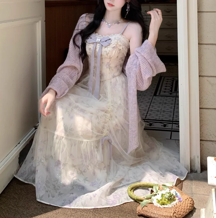 ربيع الخريف حجم كبير المرأة الفرنسية الرجعية الأميرة الحمالة فستان ساحة الرقبة الصناعة الثقيلة الحلو القوس الأزهار لوليتا فساتين #2