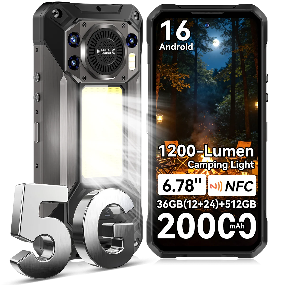 Oukitel WP61 5G Smartphone Robuste 36GB(12+24)+512GB Android 16 �cran HD+ 6,78'' Lampe de Camping 1200 Lumens 20000mAh 45W 108MP NFC