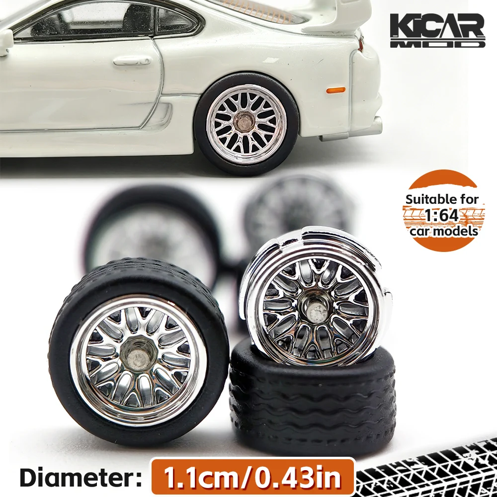1/64 Silver Electroplated Wheels with Detachable Rubber Tires for Advan GT Diecast Model Car Refitting - 11mm Rim Set