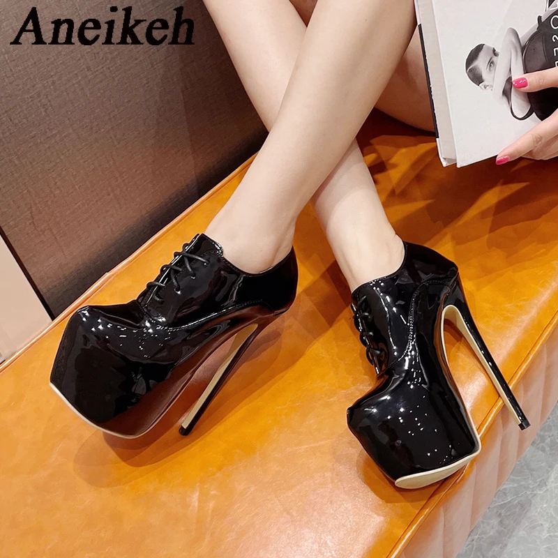 

AneikehWomen's Patent Leather Round Head Platform Chelsea Boots 2024 Fashion Sexy Super High Heel Lace-Up AnkleBoots Party Dress