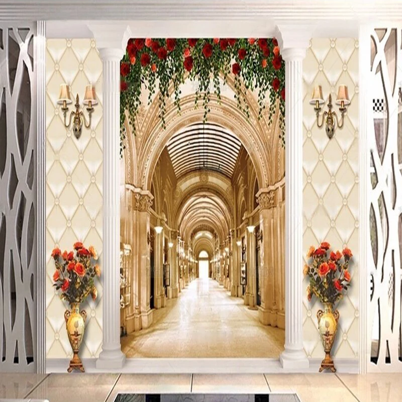 European-style hall long corridor soft-padded columns rose vines vases murals TV luxurious home decoration background wall