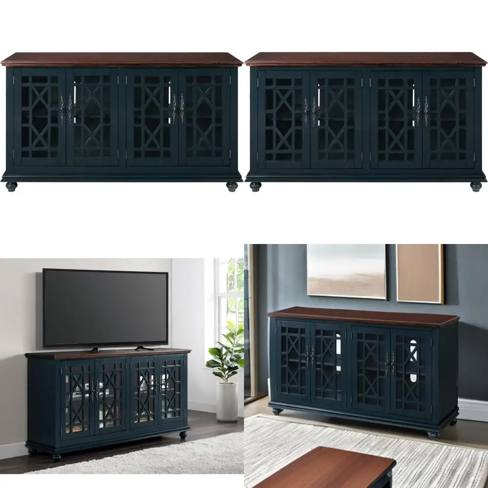 Soporte para TV de 63 pulgadas de ancho y 35 pulgadas de alto en azul catalina con tapa de café