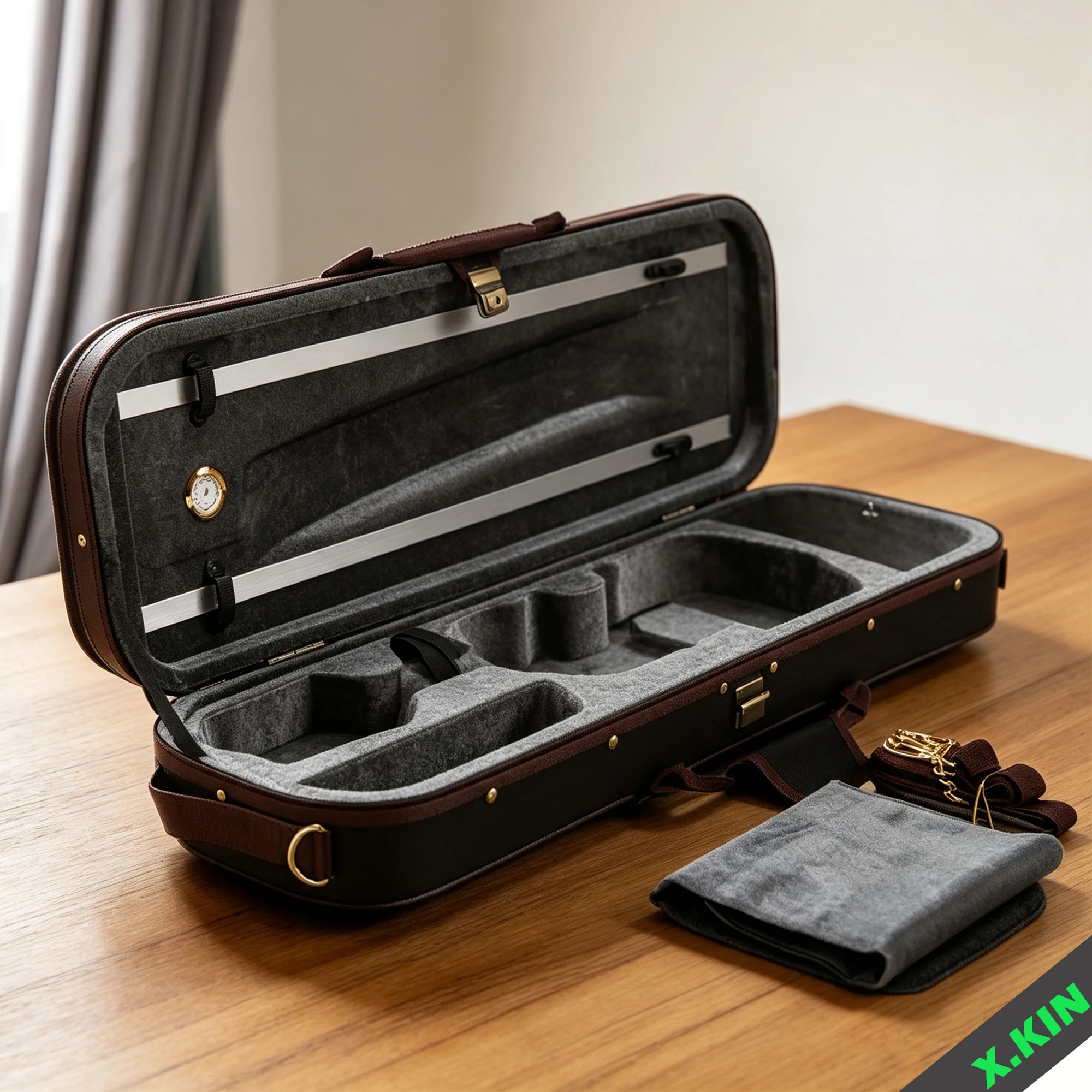 Brown Trim 4/4 3/4 Violin Case, Oxford Fabric, Hygrometer, Brass Lock, Shoulder Strap, Lightweight