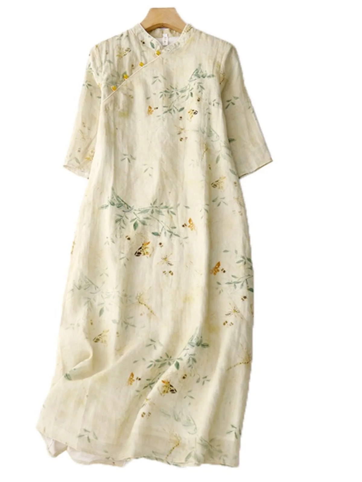 Nouveau chinois Sle rétro imprimé Dr femmes été élégance National vent Zen esprit côté bouton col montant Long Dr