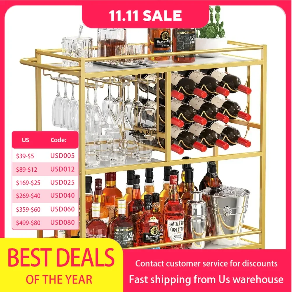 Bar cart, 3-tier beverage cart with locking wheels, 12 wine racks and 3 rows of glass racks, hall passengers, service carts