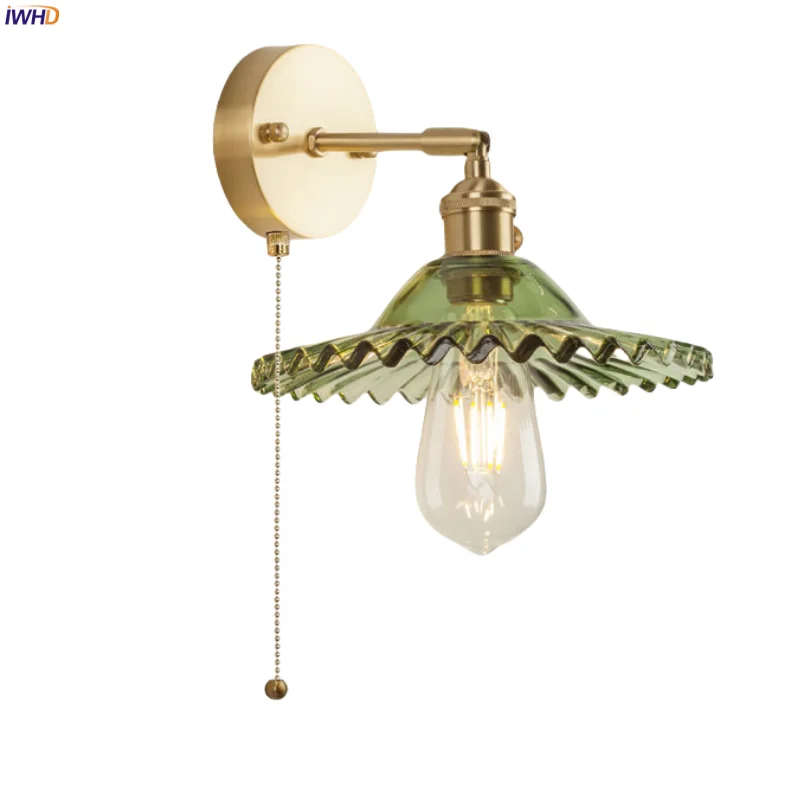 

IWHD Green Glass LED Wall Light Fixtures Bedroom Living Room Bathroom Mirror Bedside Lamp Pull Chain Nordic Modern Aplique Pared