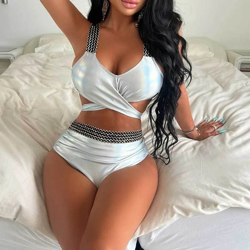 

Купальник с перекрестной завышенной талией, жилет с золотой проволокой, закрывающий живот, раздельное бикини