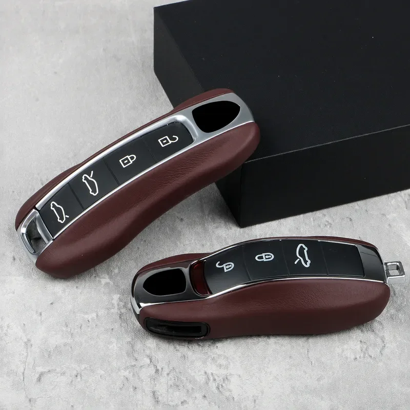 Barrick Red Leather Car Smart Key Case Fob Covers Shell Accessories For Porsche Cayenne Macan  Panamera 718 911 Taycan Boxster