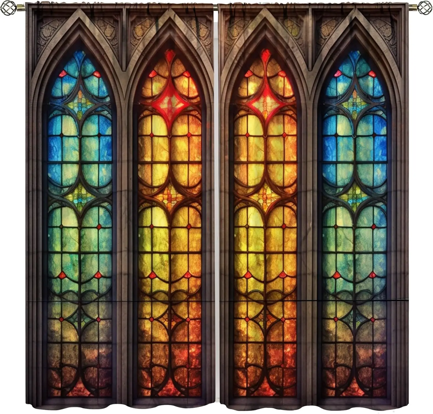 Luxury Stained Glass Gothic Arch Window Curtains Polyester Pair Home Decor Cathedral Style Living Room Panel Treatment