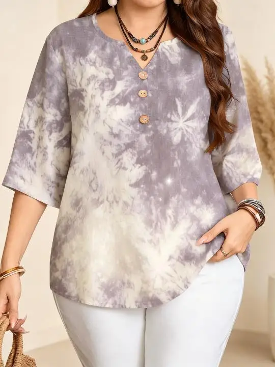Plus Size Women Tie‑Dye Floral Print Blouse Notched V‑Neck 3/4 Sleeve Decor Buttons Half Placket Loose Casual Daily Top