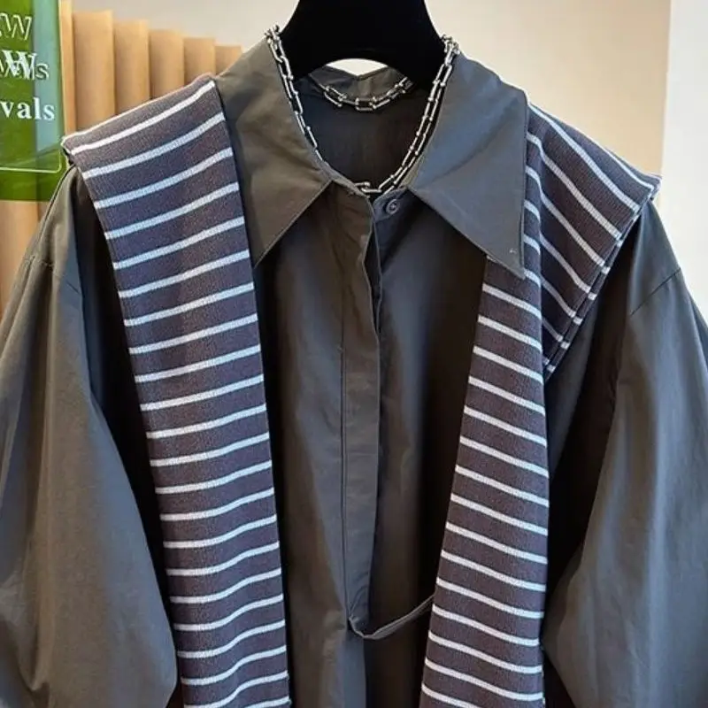 Long Sleeve Loose Striped Shirt With Cape Two Piece Casual Top