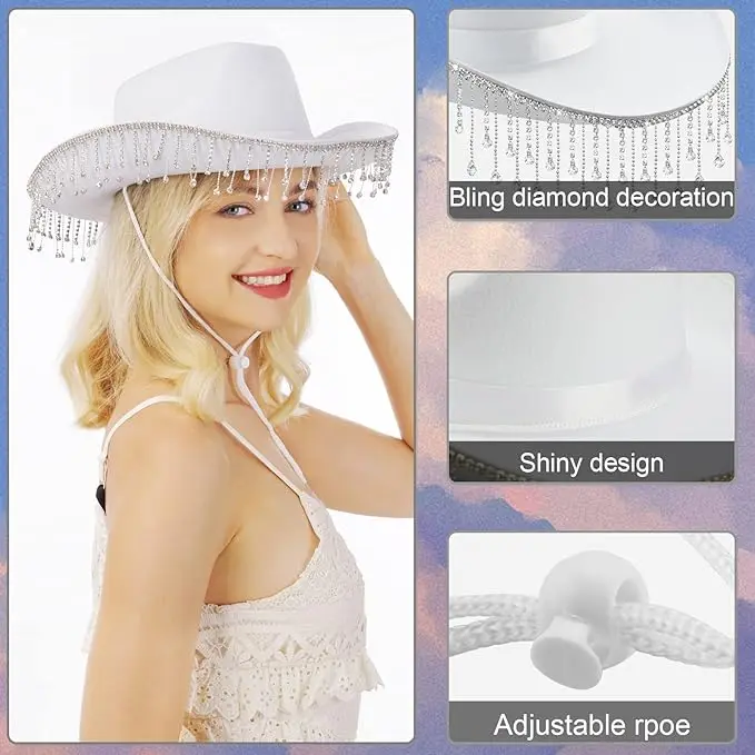 Braut-Cowgirl-Hut für Junggesellenabschied, Strass, weißer Cowboyhut für Frauen, Braut als Geschenk, Halloween-Kostüm – Detail 7