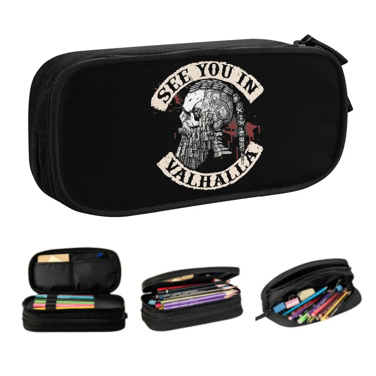 See You In Valhalla Skull Viking Pencil Cases for Large Capacity Norse Odin Ragnar Warrior Pencil Pouch School Accessories