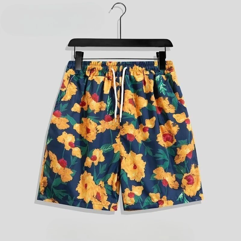 Men's 2026 Summer Quick Dry Beach Shorts Casual Loose Fit Hawaiian Print Swim Trunks Above Knee Lounge Pants