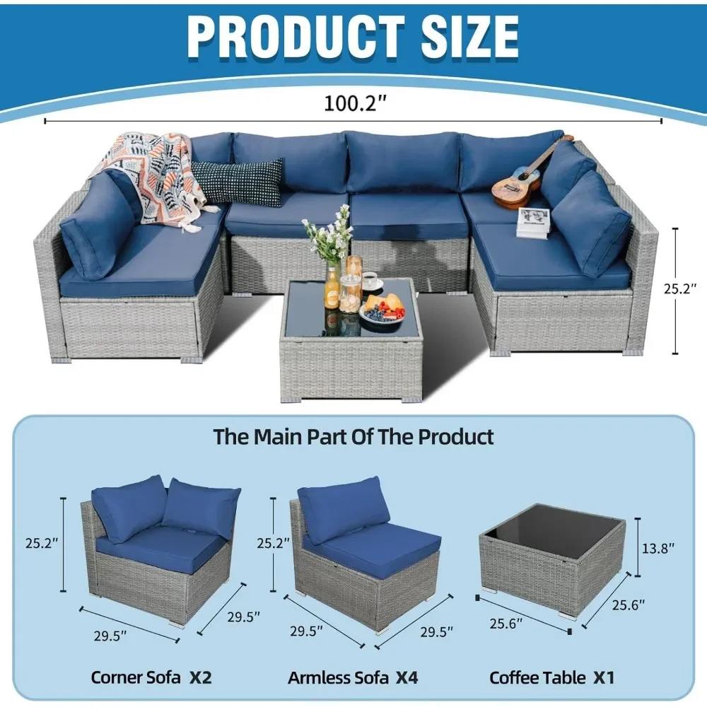 籐製屋外家具セット,クッションとガラステーブル付き断面籐家具セット,パティオ会話セット,7個