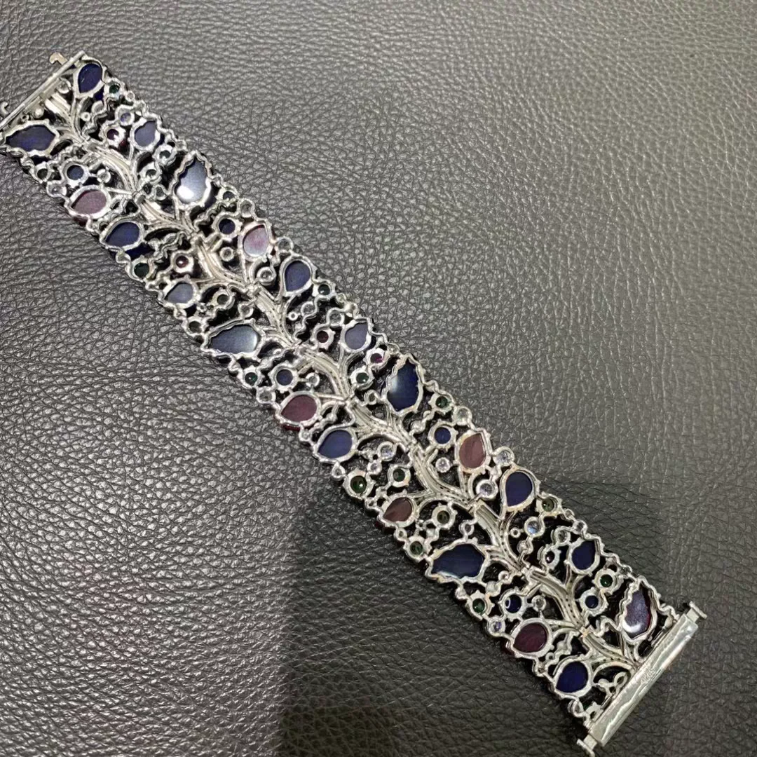 KQDANCE 7 Inches Wide Green Blue Engraved Ruby Red Corundum Gemstone Leaf Fruit Style Bracelet Silver 925 For Women Fine Jewelry