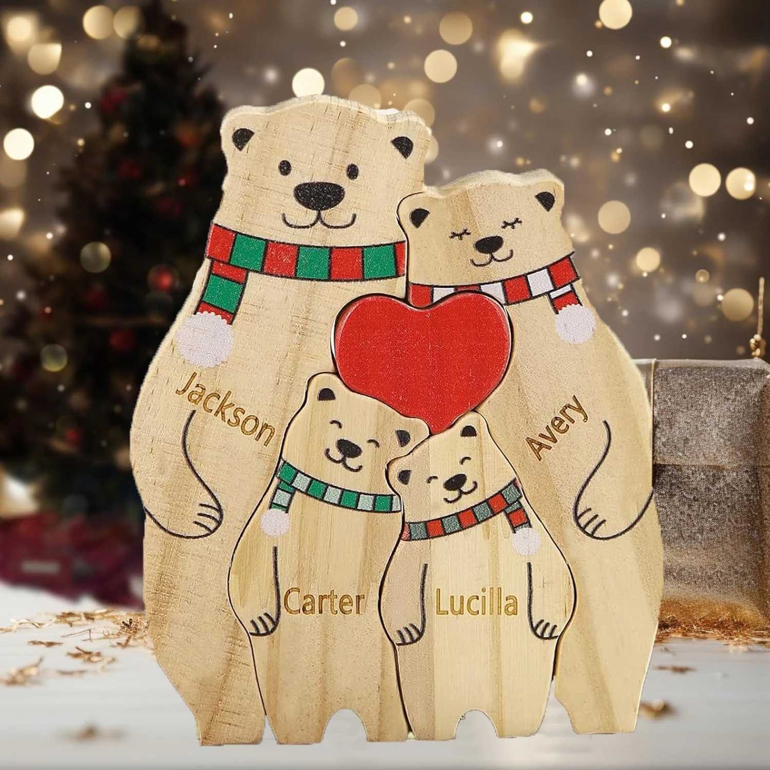 Custom Name Wooden Bear Family Ornaments Personalized Wood Carving Bear Puzzle Christmas Birthday Gift home decor action figure