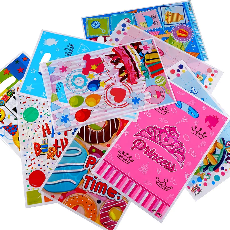 Sacos plásticos impressos do presente para crianças, bolinhas, saco dos doces, sacolas, favores do partido do aniversário, fontes da decoração, criança, menino, menina, 10-50Pcs