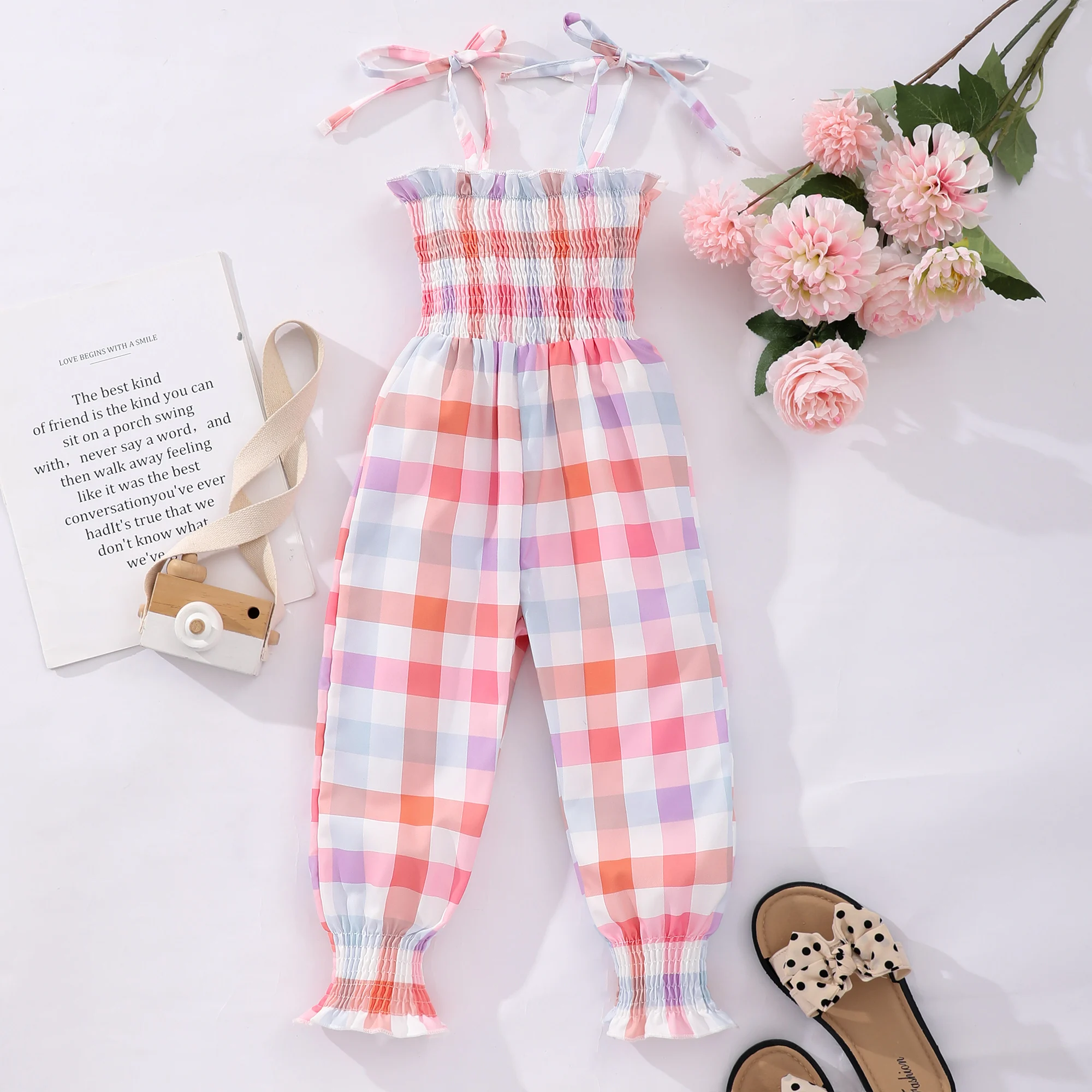 Sweet Girls Plaid Bow Decor Cami Jumpsuit Romper For Summer Party Gift