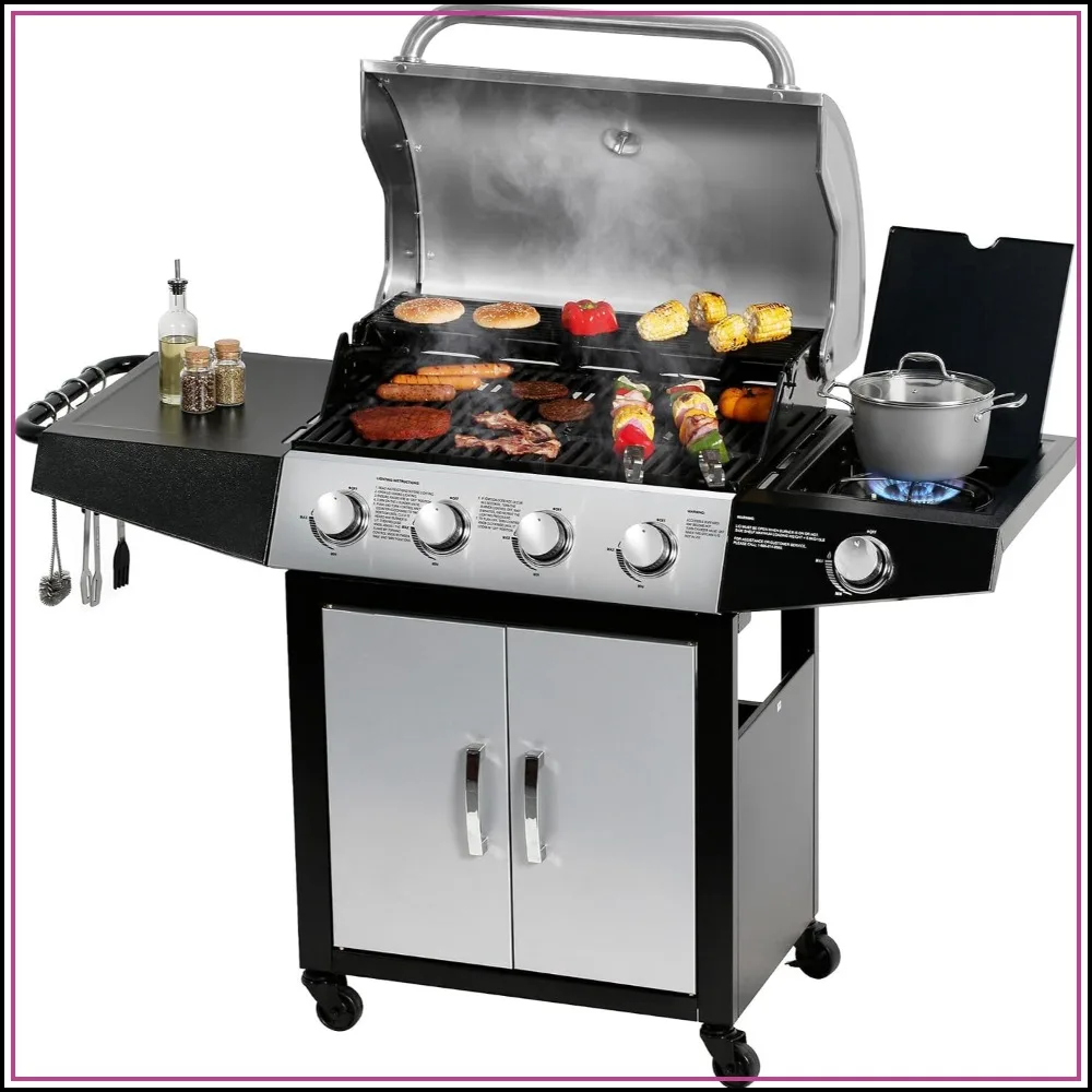 4 Burner, 518 Sq In Cooking Area, 52,000 BTU Stainless Steel Gas Grill Side Burner, Cabinet