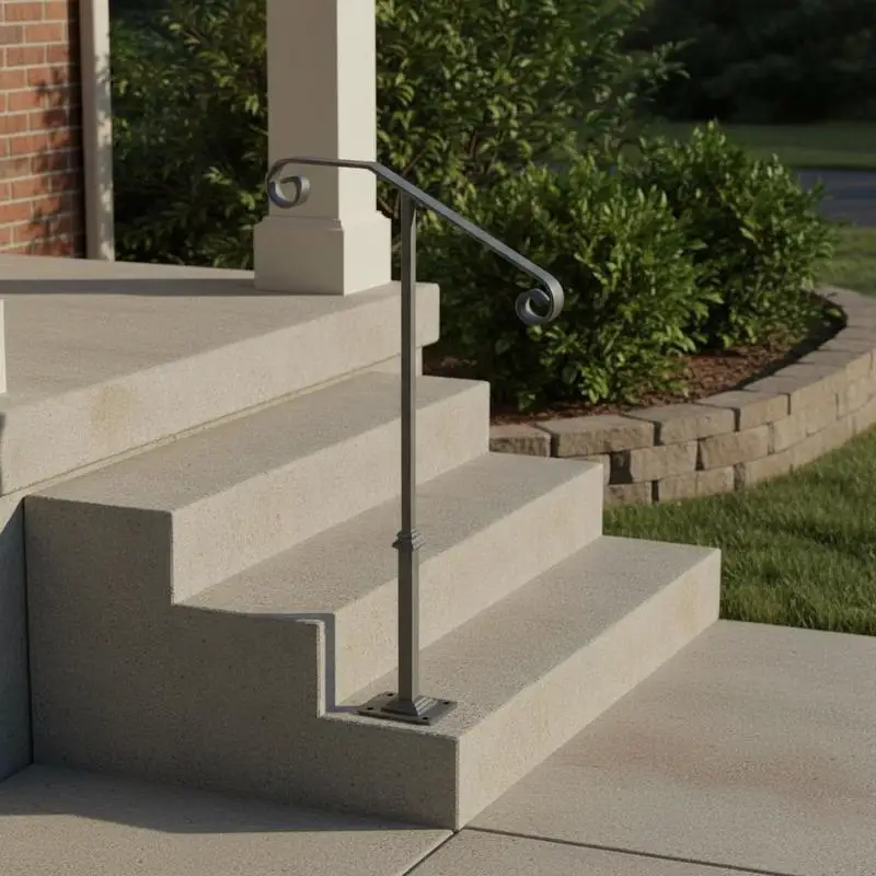 

Grey External Stair Rail 1-2 Steps For Concrete Porch Wooden Stairs Garden Path Wrought Iron Single Post Handrail Support Base Plate Kit Gray Finish Heavy Duty Metal Construction Solid Ground Mount Design 38x18 Inch Size