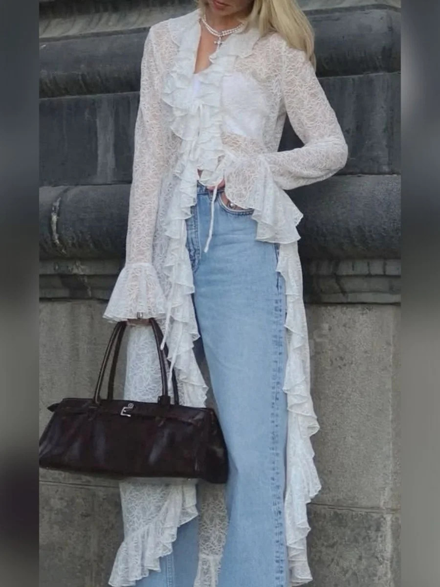 เสื้อคลุมยาวผ้าลูกไม้ซีทรูสำหรับผู้หญิง แขนยาวระบาย ผูกด้านหน้า สไตล์เดรสยาว คลุมเสื้อชั้นใน