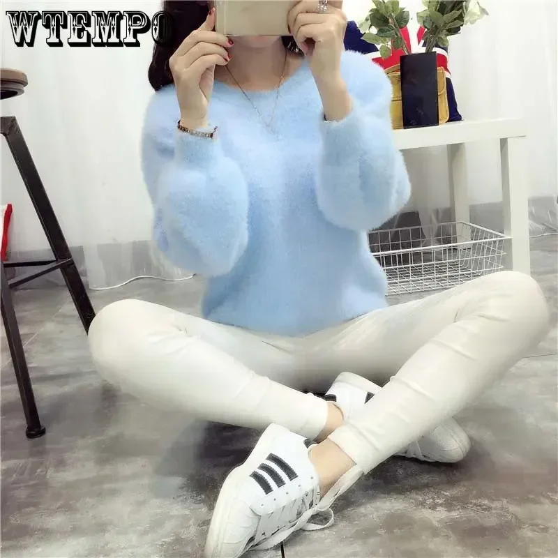 Mohair Knitted Pullover Purple Sweater Jumpers Girl Solid Color Loose Short Top Keep Warm Sweet College Style Wholesale