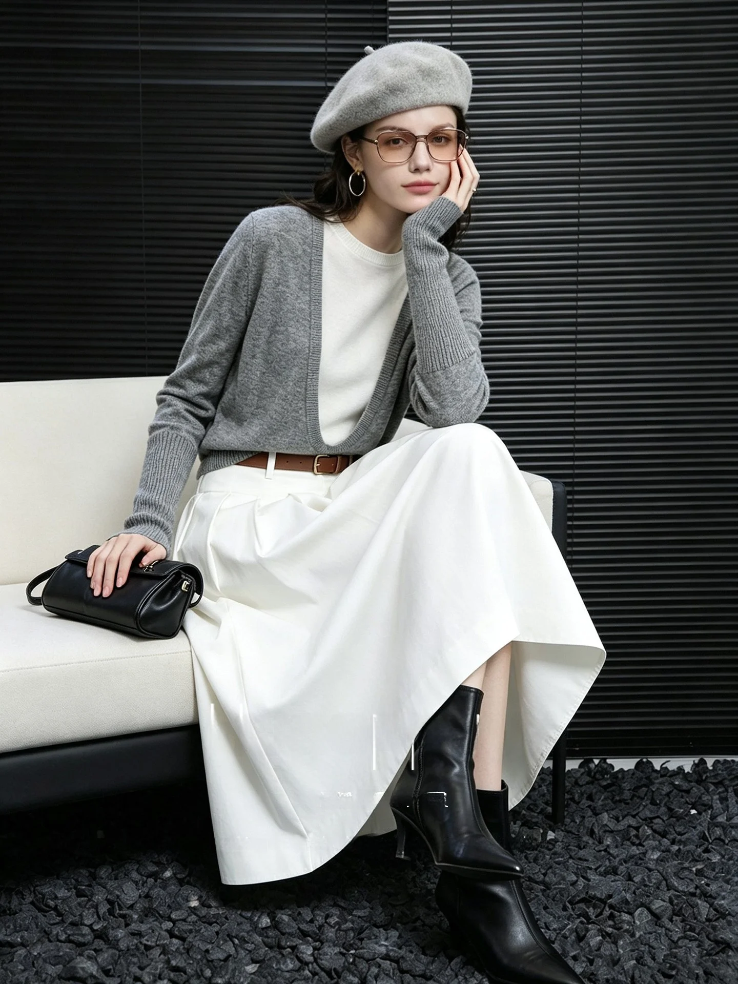 Huaappuw Knitted Sweater Fake Two-Piece Long Sleeve Crew Neck Simple Design Autumn New Style French Style Slim Fit Wool Blend