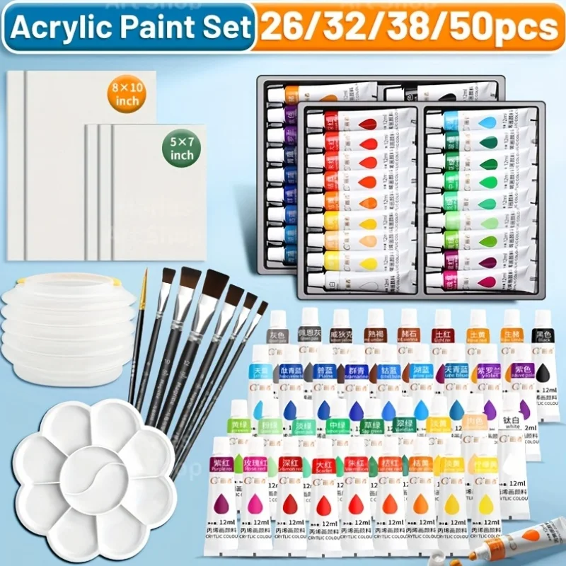 Acrylic Paint Set 50/38/32/26pcs High Quality,12ml/0.41oz with Canvas,Brushes,Palette,Etc,for Beginners,Paper,Glass,Stone,Wood