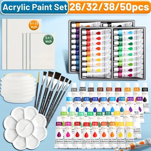 Imagen 1 del producto Juego de pintura acrílica, 50/38/32/26 Uds., alta calidad, 12ml/0,41oz con lienzo, pinceles, paleta, Etc., para principiantes, papel, vidrio, piedra, madera
