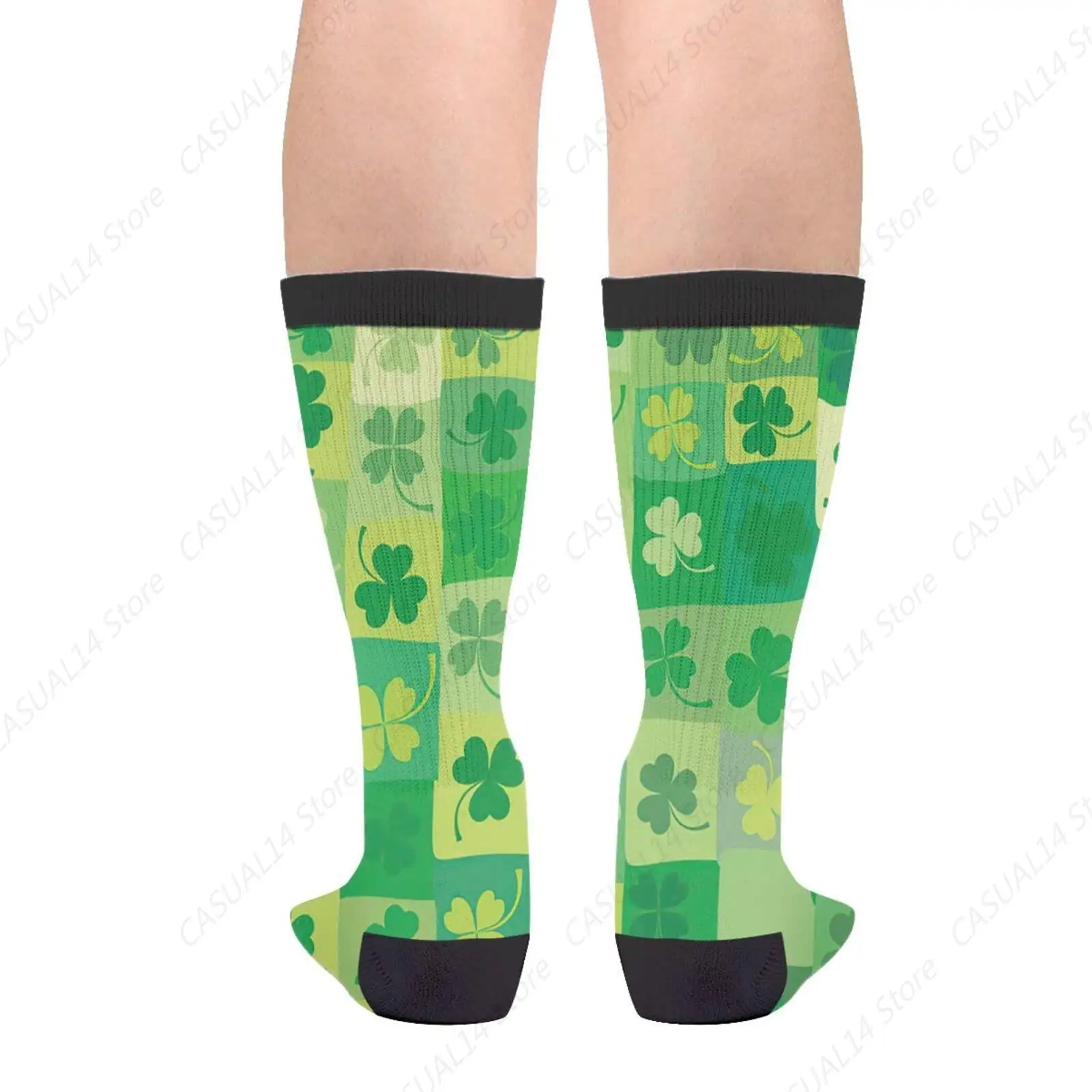 Green Checkered Clover Casual Funny Funky Novelty Fashion Comfortable Socks For Men Women Crazy Dress