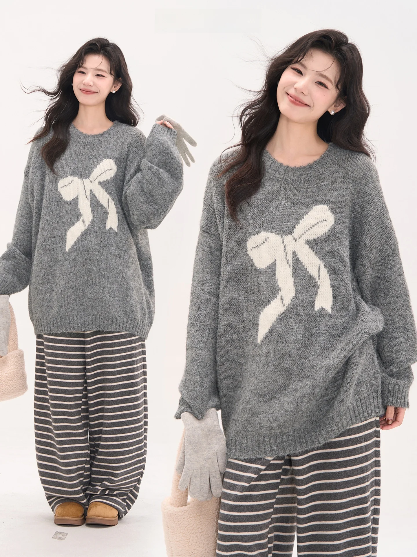 

Вязаный шерстяной свитер Heme 8 с узлом для женщин, осенне-зимний, теплый, утолщенный, с длинными рукавами, круглым вырезом