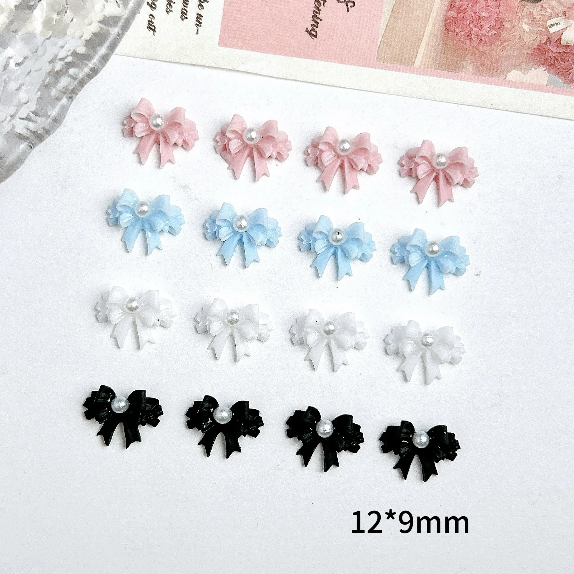 20PCS Minimalist Sweet Ribbon Bows Nail Art Decorations Colorful Double Layered Pearl Bows Resin Nail Charms DIY Nails Ornaments