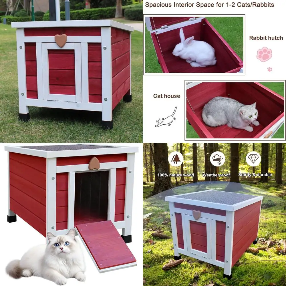 Weatherproof Outdoor Cat Shelter for Feral Cats - Small Wooden Rabbit Hutch in Red
