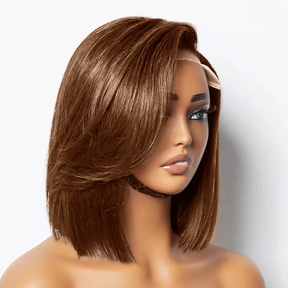 

#4 Colored Brown Straight Bob 13x4 Lace Frontal Wigs For Women PrePlucked Bone Straight Short Bob Brazilian Remy Human Hair Wig